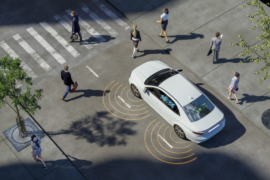 Modern car AI evaluating driving conditions and street elements.