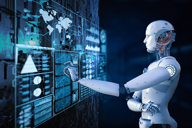 Computer rendering of a robot touching a digital interface.
